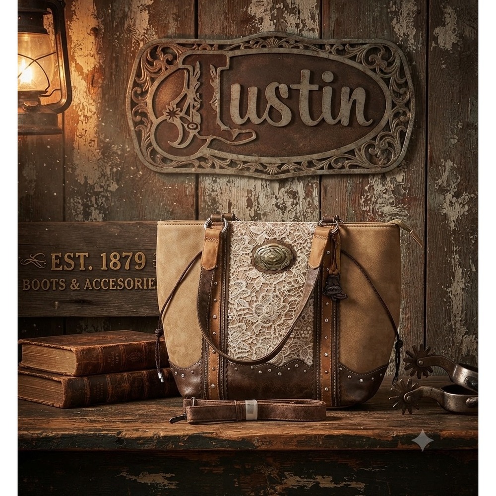 Justin  Western Lace Concho Tote Bag Brown Tan Studded Crossbody Handbag Boho